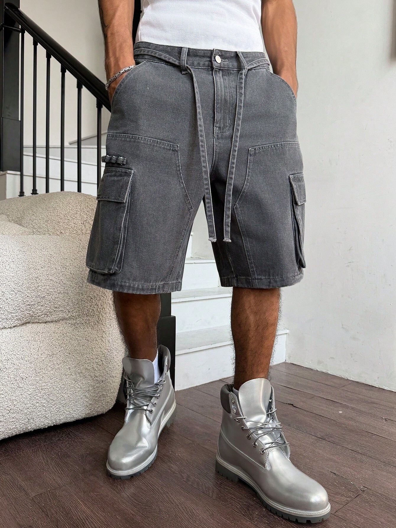 Men Grey Washed Cargo Denim Sh - Street Fashion Jeans review and price