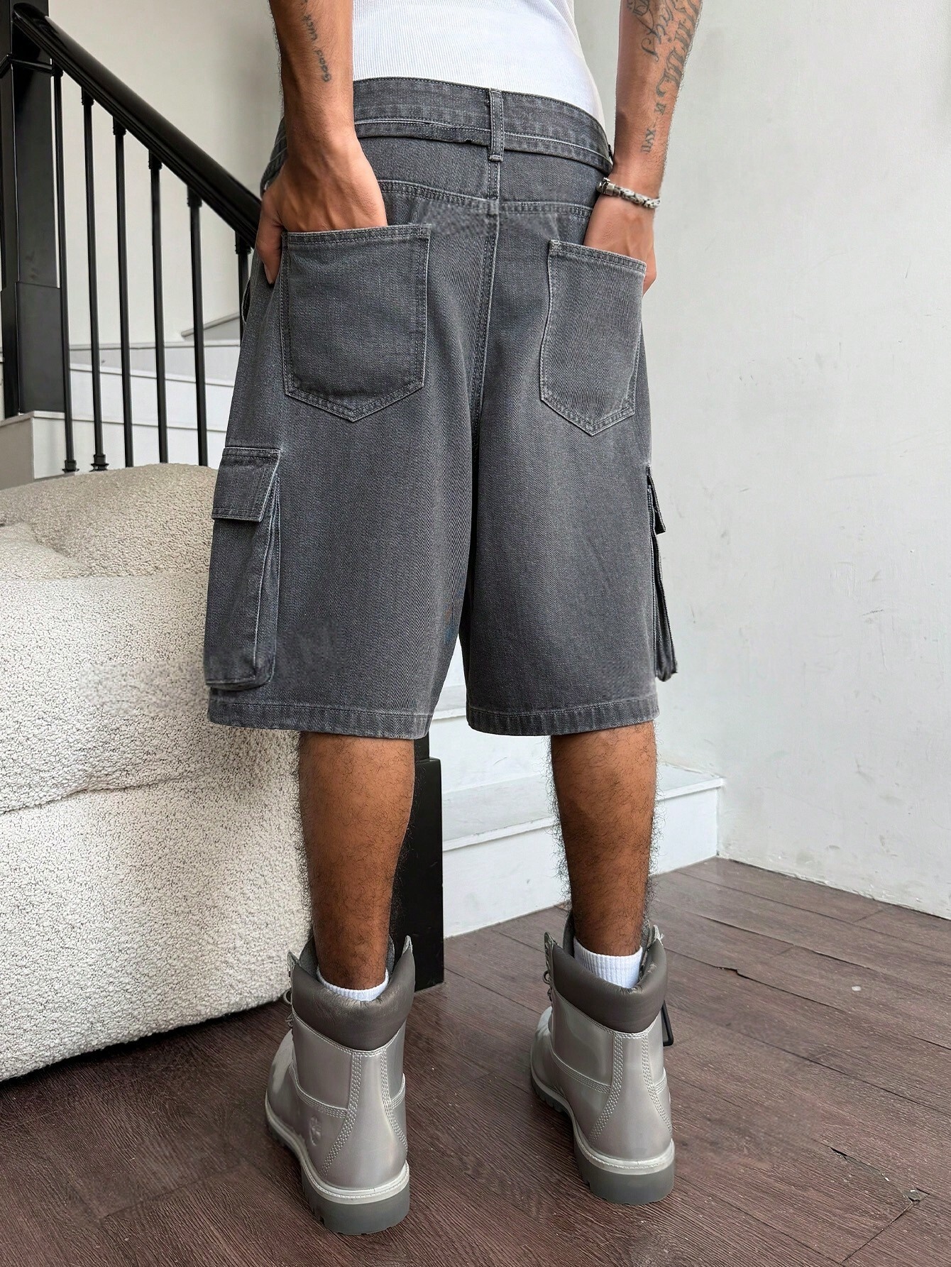 Men Grey Washed Cargo Denim Sh - Street Fashion Jeans review and price