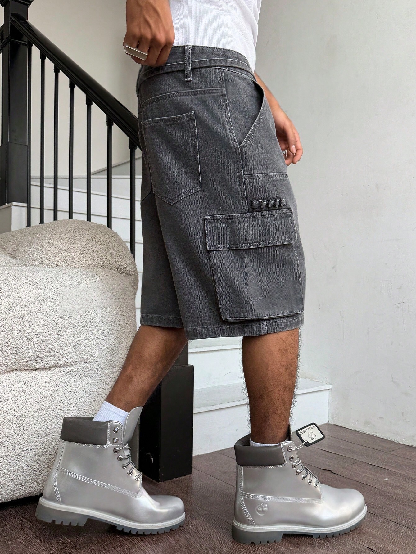 Men Grey Washed Cargo Denim Sh - Street Fashion Jeans review and price