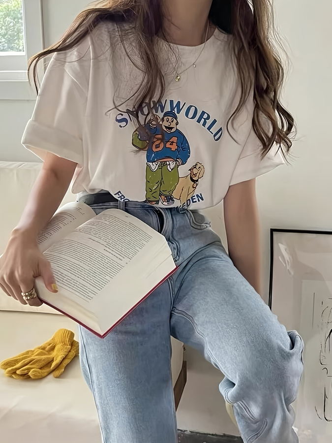 Y2K Cartoon Character & Dog Pr - Longline Tee Oversized review and price